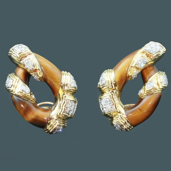 Estate diamond tiger eye clips earrings, made in France